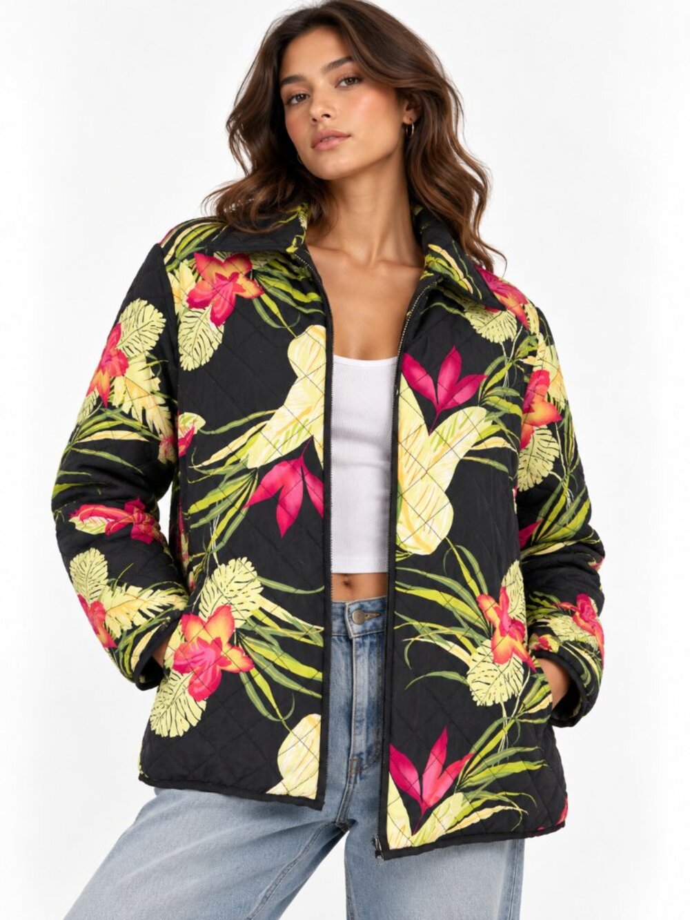 VTG 100% Silk Quilted Floral Zip Black Jacket Blair Medium